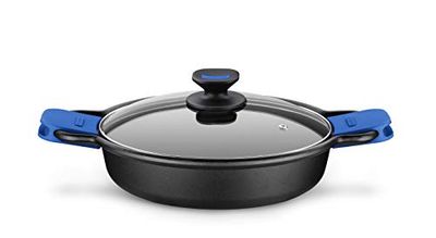 Monix Solid Cacerola Baja, Tapa de Cristal y Asas de Silicona, 2 litros, Aluminio Fundido, Negro y Azul