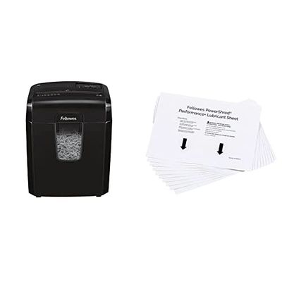 Fellowes Distruggi documenti a frammento 8Cd, 8 fogli, cestino da 14 litri + Fogli oliati lubrificanti per distruggidocumenti, bianchi, confezione da 10 fogli