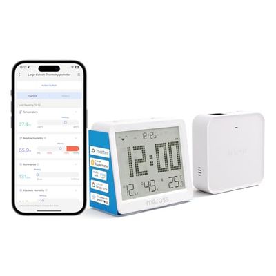 Meross WLAN, Slimme thermometer, hygrometer met groot display, wifi, temperatuursensor, luchtvochtigheid, ondersteunt waarschuwing en melding, compatibel met Matter, Apple HomeKit, Alexa en Google
