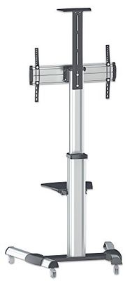 Manhattan 461245 universele multimedia tv-standaard op wielen voor schermen 37" tot 70" (tot 50 kg camerahouder en AV-plank afneembaar) zwart zilver