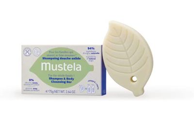 Mustela Vegan Shampoo en Reinigingsmiddel Solid, met Olijf- en Avocado-olie, Lichaam en Haar, Kinderen + 3 jaar en Hele Familie - Zachte Reiniging, 94% Ingrediënten van Natuurlijke Oorsprong (75g)