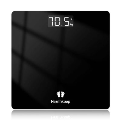 Healthkeep Personenweegschaal, personenweegschaal met zeer nauwkeurige sensoren, digitale personenweegschaal met step-on-techniek, gewichtsweegschaal van veiligheidsglas, zwart, 26 cm x 26 cm