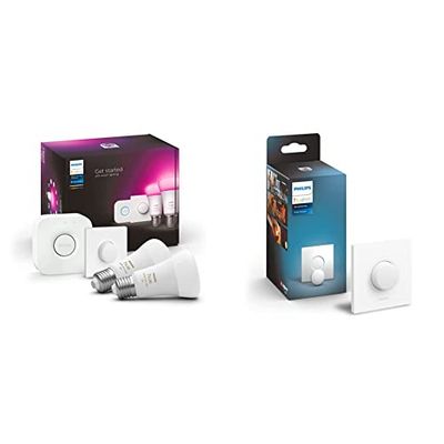 PHILIPS Hue White and Color Ambiance Starter Kit, 2 Lampadine Smart Dimmerabili E27, Bridge Controllo Completo Sistema + 2 Smart Button Telecomando, Bluetooth, Bianco