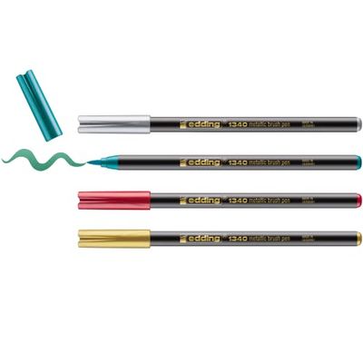 edding 1 340 metallisk penselpenna – julset – 4 pennor – flexibel penselspets 1–6 mm – glittrig metallisk markör för bokstäver, ritning och skissning – hög opcaitet även på mörkare papper