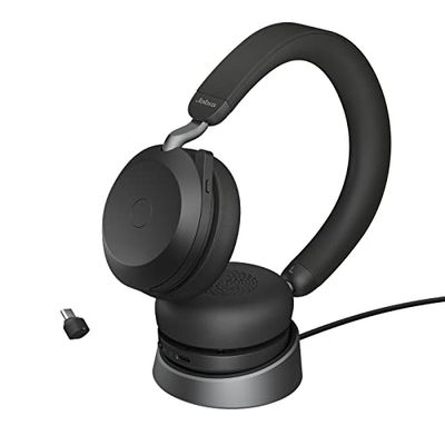 Jabra Evolve2 75-Auriculares Estéreo Inalámbricos con Estación de Carga, 8 Micrófonos, Doble Espuma, Cancelación de Ruido Activa-Adaptador Bluetooth USB-C-Compatibilidad con CU-Negro