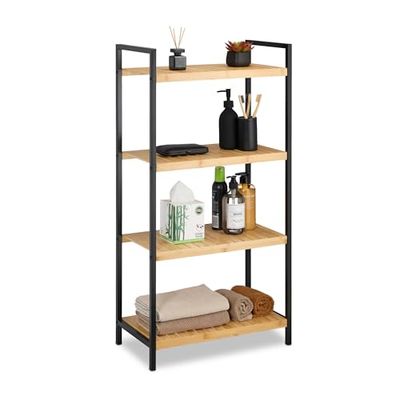 Relaxdays Prateleira de bambu, multifuncional, organizador para casa de banho ou cozinha, quatro prateleiras, armação de metal, castanho, 97 x 50,5 x 27 cm