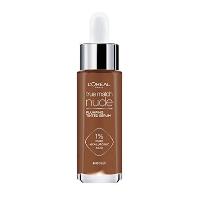L'Oreal Paris True Match Nude Plumping Tinted Serum, 1% Hyaluronic Acid, Instantly Evens, Brightens, and Hydrates Skin, Shade 8-10, Deep