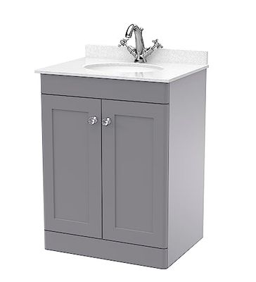 nuie Floor Standing 2 Door Unit & 1 Tap Hole Marble Worktop with Round Basin, 600mm, Satin Grey/White