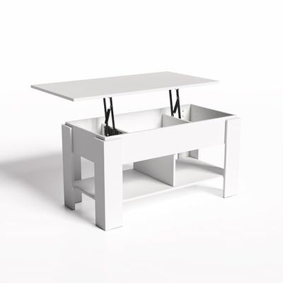 FurnitureR ELOT White 96 Basse avec Plateau élévateur, d'appoint réglable en Hauteur, canapé, Table de Salon avec Espace de Rangement caché, en Bois Blanc, 96X50X48-63CM