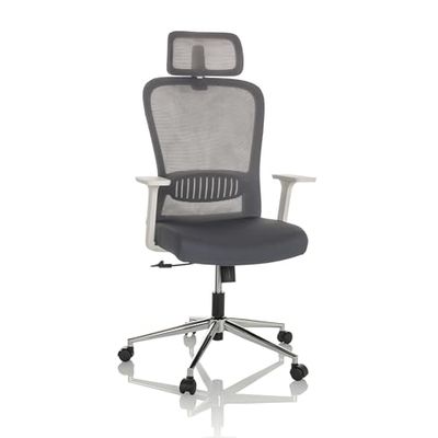 hjh OFFICE Krzesło biurowe BELAIA W materiałowe krzesło obrotowe z podparciem lędźwiowym, w zestawie zagłówek z regulacją wysokości, kolor szary, 729445