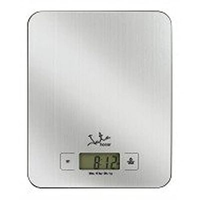 Jata 719 - Balança de cozinha digital, aço inoxidável, alta precisão, até 15 kg, ecrã LCD, função tara, com temporizador e relógio, medidas: 18,3 x 22,5 x 1,7 cm