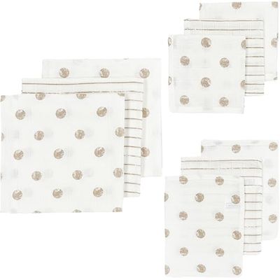 Meyco Baby Dot Stripe Zestaw startowy ściereczek muślinowych, 9 sztuk (muślinowe pieluszki, flanelki i beciki wykonane w 100% z bawełny, chłonne i szybkoschnące, wielofunkcyjne), piaskowy