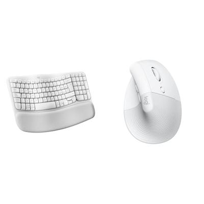 Logitech Wave Keys draadloos ergonomisch toetsenbord - Wit, Duitse QWERTZ indeling & Logitech Lift Vertical Ergonomische Muis, Draadloos, Bluetooth of Logi Bolt USB-ontvanger, Stille klikken, Wit