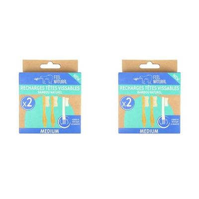 Lot de 4 recharges brosse à dents vissable en bambou Feel Natural - Medium
