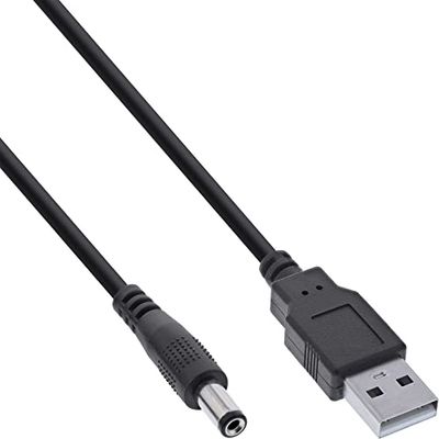 InLine® Cable adaptador de corriente USB CC, conector USB A a CC 5,5 x 2,10 mm, conector hueco, negro, 1 m