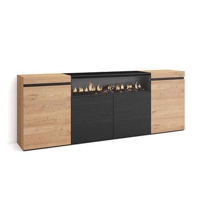 Skraut Home | Aparadores para salón | Gran Capacidad de almacenaje | 200x75x35cm | 4 Puertas | Chimenea eléctrica | Estilo Moderno | Roble y Negro