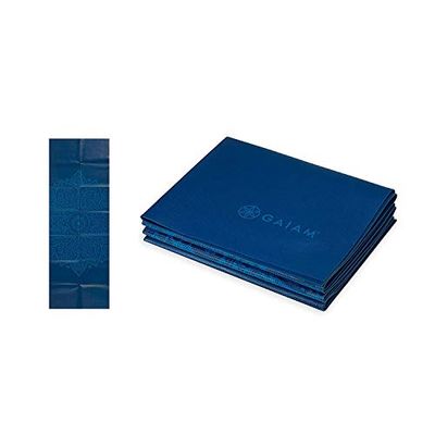 Gaiam Yogamat, opvouwbare reis-fitness- en oefenmat, opvouwbare yogamat voor alle soorten yoga, pilates en vloertraining, blauwe zonnewijzer, 2 mm