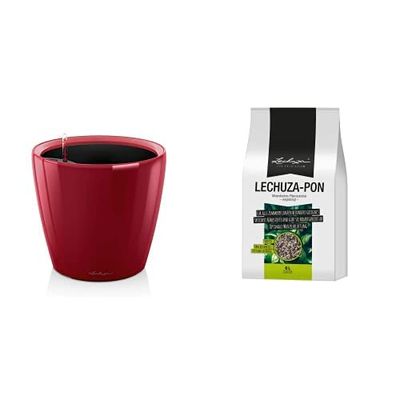 Lechuza Vaso Classico Premium 28 Set completo, Colore rosso lucido Pon, Substrato minerale e inorganico, adatto per coltura, a rilascio graduale di sostanze nutritive, confezione 6 L0