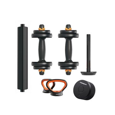 KSIX smart your tech Fed Set korte halters V2, 10 kg, met App Move It, stang en kettlebell, 10 kg, intelligente sensor, 10 kg, modulair, multifunctioneel, ergonomische handgreep