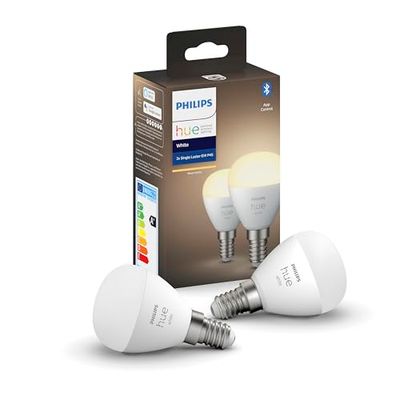 Philips Hue White, ampoule LED connectée Luster E14, compatible Bluetooth, pack de 2, fonctionne avec Alexa, Google Assistant et Apple Homekit, Teinte-blanc