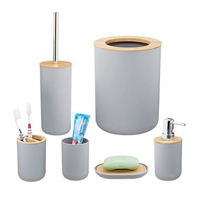 Relaxdays Accessories, Set of 6, Bathroom Equipment, Soap Dispenser, Toothbrush Holder, Bucket, Bamboo, Grey, 25 x 19.5 x 19.5 cm