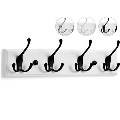 LARHN Coat Hooks - Wall Mounted Coat Rack - 4 Triple Black & White Coat Hooks for Wall - 42 cm - All Fixings Included for Quick & Easy Installation