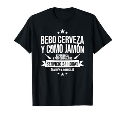 Bebo Cerveza y Como Jamon a Domicilio. Camiseta Negra Unisex Fiesta, Manga de Doble Puntada, Talla S