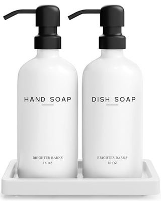 Modern tvåldispenser i glas med bricka från Brighter Barns – hand- och disktvåldispenser för diskho – kökstvåldispenser set och pump – bondgård köksdekor, badrumsdekor (vit)