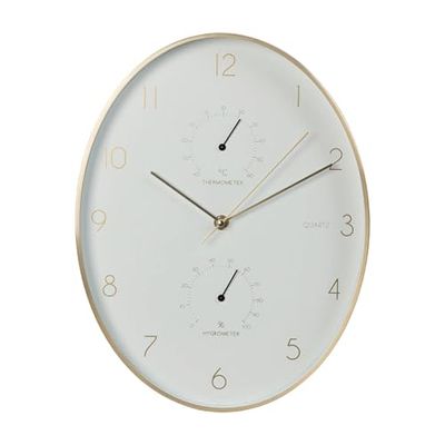 Well Home - Orologio da parete in alluminio con bordo dorato, termometro e igrometro da 34,5 x 27,1 cm