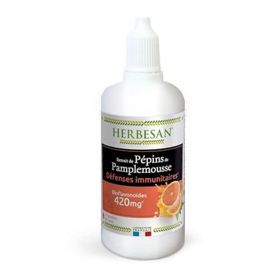 HERBESAN® - EXTRAIT DE PÉPINS DE PAMPLEMOUSSE - Titré en flavonoïdes à 420 mg - Défenses immunitaires- Flacon compte-goutte de 100 ml