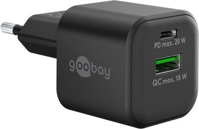 goobay 65864 USB C Dual snellader Nano PD (20W) / QC USB-A (18W) / USB C oplader voor Samsung, iPhone, iPad, MacBook, oplaadstekker, oplaadadapter voor stopcontact, voeding voor oplaadkabel, zwart
