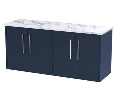 Hudson Reed JNU2923LCM2 Juno Modern Bathroom Wall Hung 4 Soft Close Door Vanity Unit and Carrera Marble Laminate Worktop, 1200mm, Midnight Blue