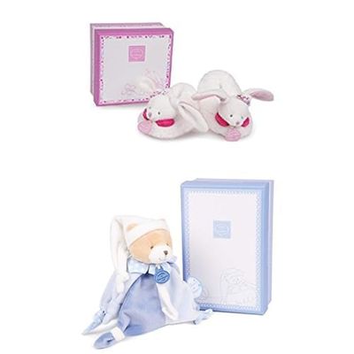 Doudou et Compagnie Lot Chaussons Hochet Lapin Cerise Rose 0-6 Mois + Doudou Attache Tétine Ours Bleu 17cm - Boîtes Cadeaux - Pour Bébé Fille/Garçon - Garantie Doudou Perdu - DC2702 + DC2714