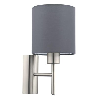 Eglo Aplique de parede PASTERI, aplique de parede têxtil com uma lâmpada, material aço, têxtil, cor níquel mate, cinza, casquilho E27, Inglinterruptor