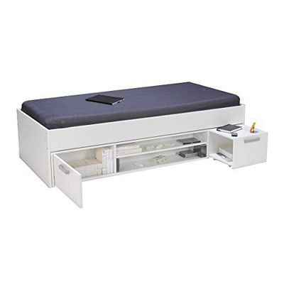 Lit TESS 90x190 + chevet + étagère + rangement / Blanc