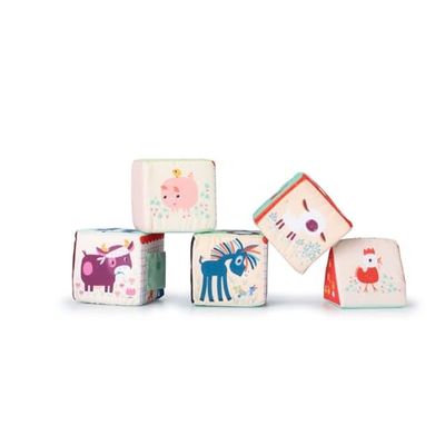 Lilliputiens - Cubos apilables - Juego de 5 Cubos de Tela para bebés y niños pequeños - 6 Actividades en 1 - Juguete Educativo y de Despertar sensorial - Tema Granja - Desde 12 Meses - 83455