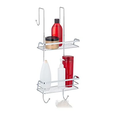 Relaxdays Mensola Portaoggetti da Doccia, Ferro Cromato, HLP 60x25,5x22,5 cm, Appendere, 4 Ganci e 2 Ripiani, Argentato