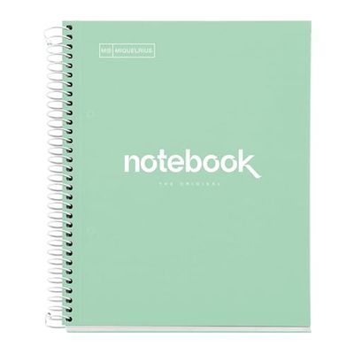 Miquelrius Notitieboek A5, notitieboek Emotions, 80 vellen, 90 g/m², geruit, 5 mm geruit, 1 kleurstrip, microgeperforeerde spiraal, geruit notitieboek, extra stevige omslag, 2 gaten, mintgroen