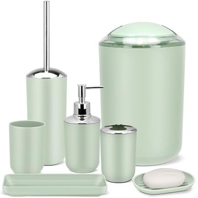 IMAVO Set di accessori da bagno – Set di 6 accessori da bagno verde con cestino, dispenser di sapone, portasapone, portaspazzolino e tazza, portascopino per WC, set di accessori per il bagno completo