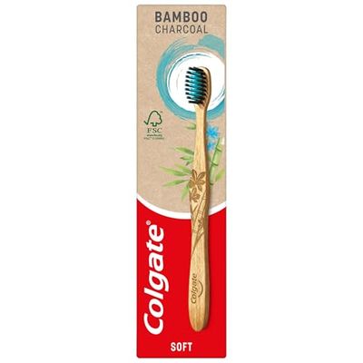 Colgate Bamboo Charcoal Soft Bristles Manual Toothbrush 1 Piece - Manual Toothbrush with Activated Carbon Slim Tip Bristles, 100% Natural Biodegradable Bamboo handle