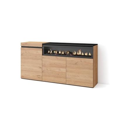 Skraut Home | Credenza, Mobile, Cucina | Madia, mobile ingresso | 150x75x35cm | 3 Porte | Camino elettrico | Stile moderno | Rovere e nero