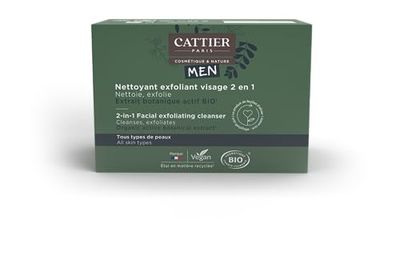Cattier Men - Nettoyant Exfoliant Visage Homme 2 en 1 Solide Bio - Tous types de peaux - 85g