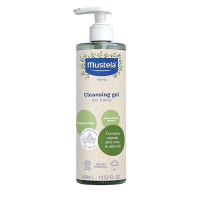 Mustela wegański organiczny żel czyszczący z oliwą z oliwek, aloesem i gliceryną, ciało i włosy, niemowlę, cała rodzina - delikatne czyszczenie bez suszenia, 99% składników pochodzenia naturalnego