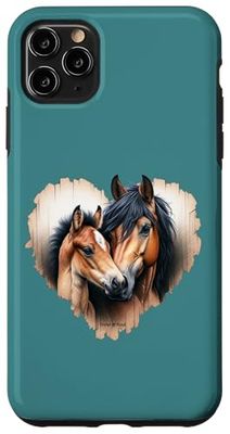 Watercolor Bay Horse Mare and Foal Bust On Wooden Heart Case for iPhone 11 Pro Max