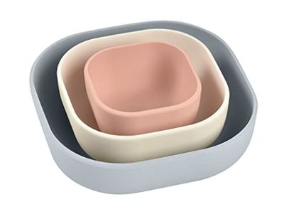 BÉABA, set om 3 stapelbara silikonskålar, barnmåltidsset i silikon, stapelbar, skalbar, ergonomisk, hälsosamt silikonmaterial, hållbart (sammetsgrå/bomull/rosa)