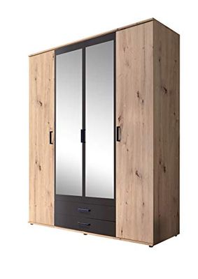 Stella Trading Chicago Élégante Armoire À Vêtements avec Grand Espace De Rangement, Polyvalente, Portes Battantes, Aspect Chêne Artisanal Et Détails Anthracite, 156 x 197 x 54 cm (L/H/P)
