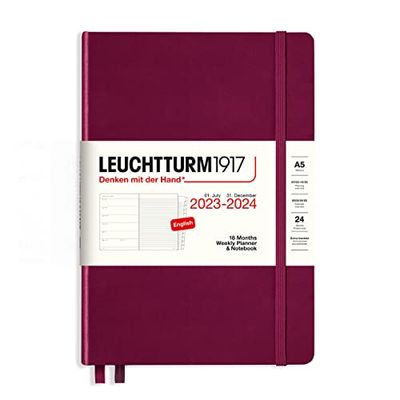 LEUCHTTURM1917 367686 Weekly Planner & Notebook Medium (A5) 2024, 18 mesi, Port Red, English