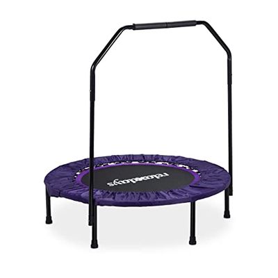 Relaxdays fitness trampoline, opvouwbaar, met stang, indoor, tot 120 kg, HBD 113 x 102 x 102 cm, voor thuis, zwart-paars