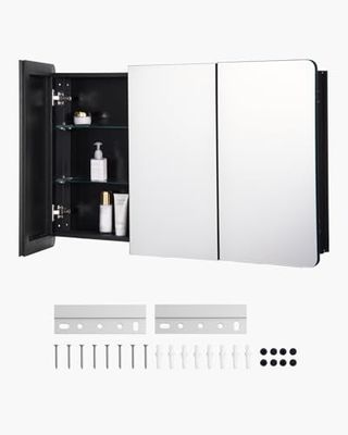 VEVOR Armadietto per Medicinali 1017 x 647 mm Armadietto per Medicinali a Specchio, 3 Ante a Specchio, Ripiani in Vetro Regolabili, Installazione a Incasso e a Parete, Telaio Alluminio di Alta Qualità