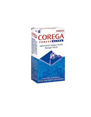 Polident Corega Poudre Ultra Adhésive, Pour Prothèses Dentaires Partielles ou Complètes, Poudre adhésive Sans Zinc, Fixation Toute La Journée, 40g